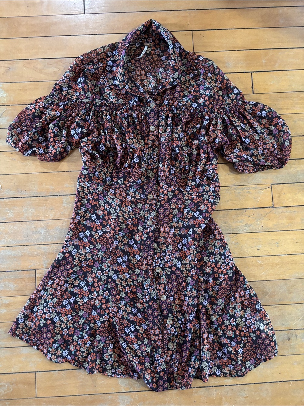 EUC Free People Black Floral Button-Front Puff Sleeve Mini Dress/Tunic Top